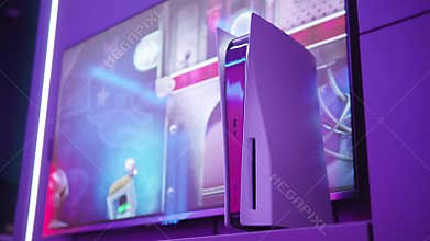 Moscow - November 28 2020: the brand new Sony PlayStation 5 gaming console with DualSense controller near tv screen at