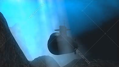 Military submarine moving undersea
