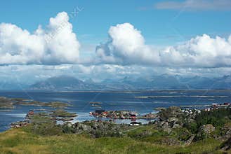 View from Lovund hills to the Helgeland archipelago in the Norwegian sea on sunny summer afternoon