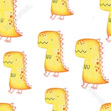 Pencil hand-drawn colored seamless repeating children pattern with cute dinosaurs and doodles in Scandinavian style on a