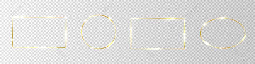 Gold glowing frames on transparent background. Golden border set. Shine luxury square, circle design elements. Wedding