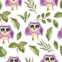 Watercolor seamless pattern with branches, purple owl, leaves.