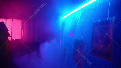 Cyberpunk future concept. Fence with signs warning about acid rain in night city with neon lighting in smoke. Danger