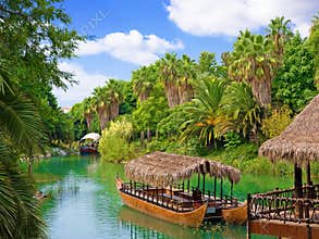 Walking canoe on river in French Polynesia.