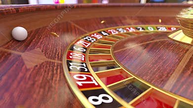 Point of view close-up spinning casino roulette table with roulette ball 3d