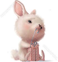 cute white hare character with present box