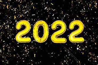 2022 Happy New Year numbers text, confetti on black background. Christmas party greeting decor