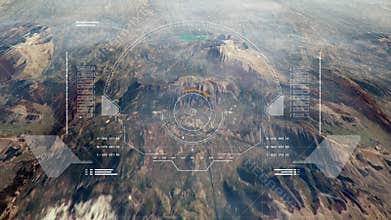 Hud Futuristic Aerial Surveillance Flyover Mystery Mountain for Enemy Target Checking.