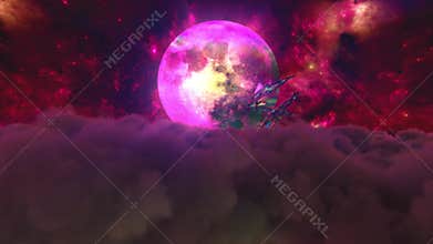 Diamond dolphins jump out of the clouds against the backdrop of the moon. Red color. 3d animation of seamless loop