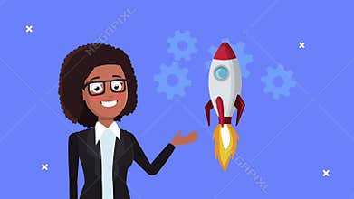 Successful afro businesswoman with rocket startup and gears