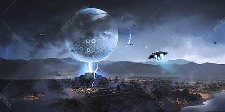 Alien spacecraft appeared over ancient cities,Science fiction illustration