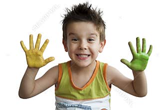 Children colored hands. Little boy hands.