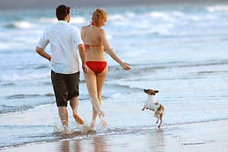 Family with dog at the beach