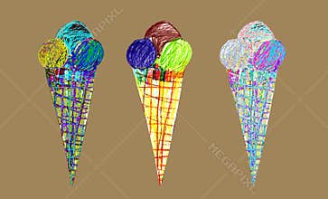 Set with Ice cream cones hand-drawn by pencil in childrens drawing style.