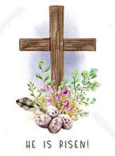 Easter christian cross with green ferns, eggs and feather,