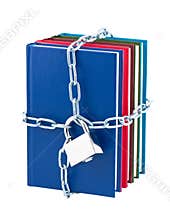 Books closed on padlock and chain.