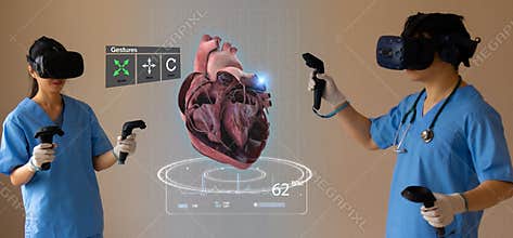 Medical doctor using smart glasses with augment mixed virtual reality to analysis the data of patient in digital healthcare to bri
