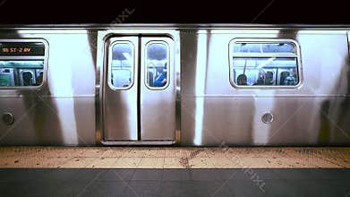 Time-Lapse of American people wait boarding train at Times Square underground subway station platform, New York City, USA
