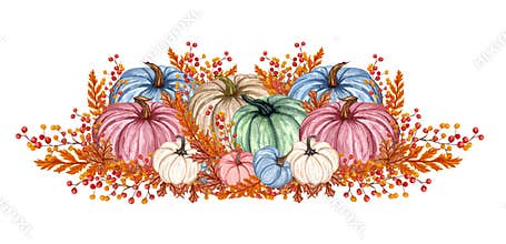 Watercolor pink and blue pumpkin composition, floral pumpkins, Halloween clip art, autumn design elements, fall