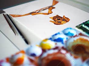 Dog head human playing board game fun leisure on table top hobby watercolor painting illustration design art cartoon character