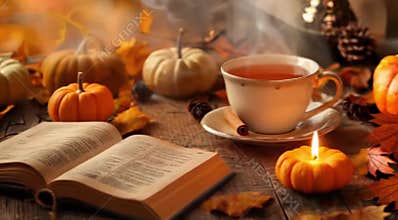 Cozy autumn afternoon with a warm drink, open book, and charming pumpkins in a rustic setting. Generative AI