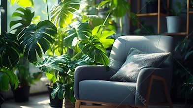 Generative AI Grey armchair indoor plants monstera palm trees Urban jungle apartment Biophilia design Cozy tropica