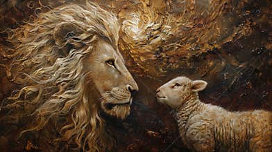 Lion and lamb sharing a peaceful moment in a surreal, warm-toned landscape