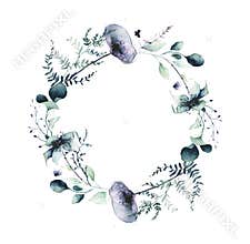 Watercolor floral frame. Violet poppy flowers, blue, green, turquoise wild meadow, branches, leaves, butterfly