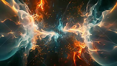 An abstract visualization of two symmetrical particles colliding and releasing bursts of asymmetrical energy reflecting