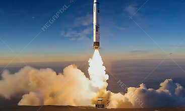 space launch with a rocket soaring into the cosmos,