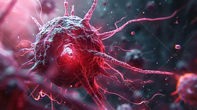 Close-up view of a cancerous tumor cell attacking healthy tissue in a human body