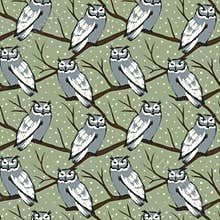 Hand drawn seamless pattern with grey forest owls sitting on wood brown branches in winter with white snow. Moodland