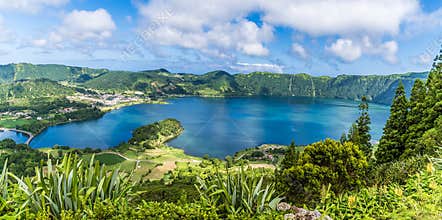 A panorama view across the Blue lake in the Seven Cities region on the island of San Miguel in the Azores
