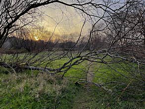 sunset over the floodplain of the river on a November evening