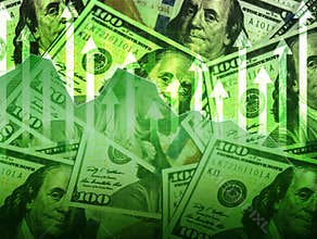 Dollar price going up with green graph and arrows, financial and business concept design. 100 dollar bill with increasing value