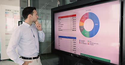 Hispanic financial analyst makes expenses analysis displayed on screen