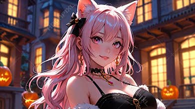 Cute anime girl with long pink hair and cat ears, music background, loop animations