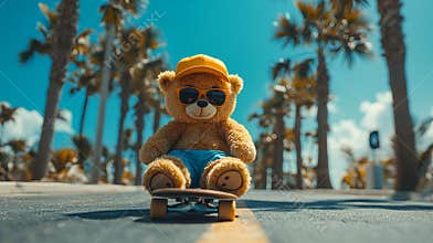 Teddy bear on skateboard wearing sunglasses and cap on sunny palm-lined street