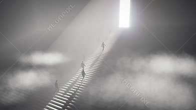 Animation of business concept A group of businessmen Climb the stairs to an exit with a bright light of hope ,3d render