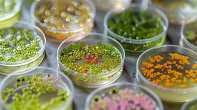 Tiny colorful microalgae are seen in a Petri dish being studied in a lab dedicated to biomaterials research. The