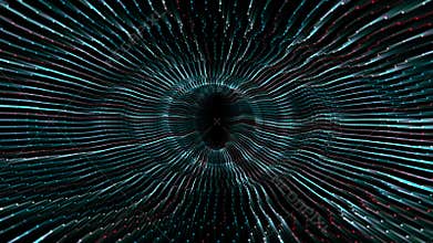 Abstract wavy tunnel made of colorful shiny particles on a dark background