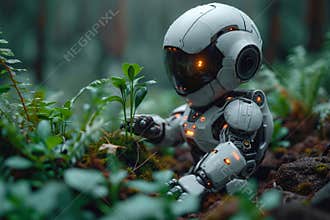 Robot is planting tree in the forest