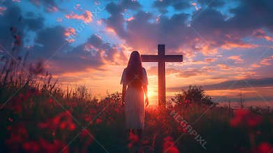 Woman from behind in front of old wooden cross