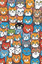 A grid of cute vibrant cartoon cat faces with expressive features