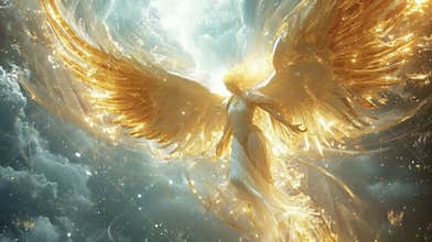 A divine being with shimmering golden wings adorned with ethereal ribbons of light guides souls through the infinite