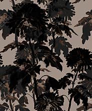 Classical flowers and stems monochrome seamless pattern in dark brown tones .
