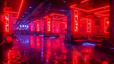 Empty nightclub with red neon lights and seating, ready for the nights entertainment. Laser tag
