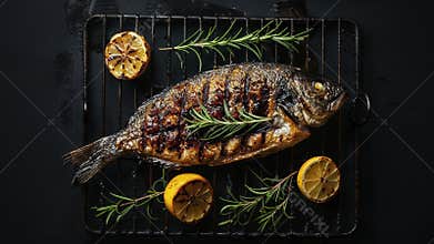Grilled Whole Fish with Lemon and Rosemary on a BBQ Grill