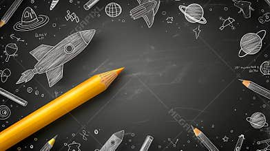 A black chalkboard with hand-drawn illustrations of planets, rockets, and stars, surrounded by pencils. Back to school