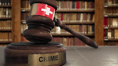 Switzerland Flag on Judge Gavel or Hammer in Court with Word Crime. Crime in Country Concept